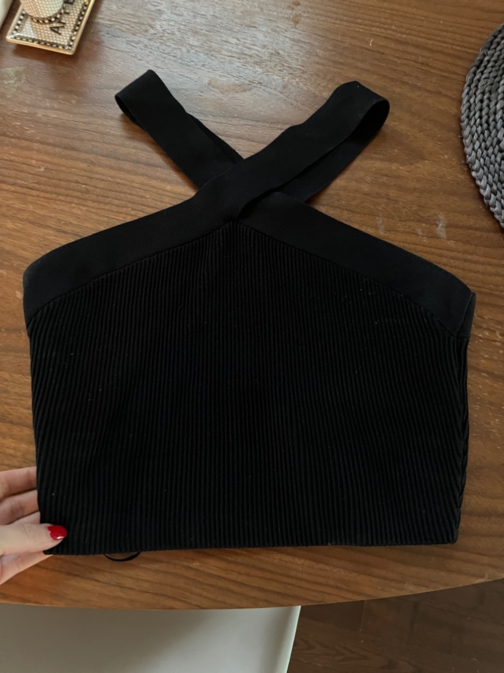 Babaton Black Ribbed Cross-Strap Crop Top